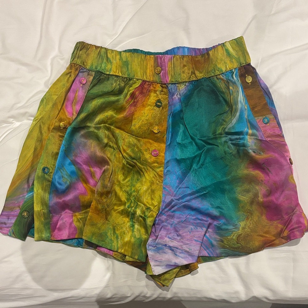 High Waist Green and Pink Shorts with Elastic Waistband